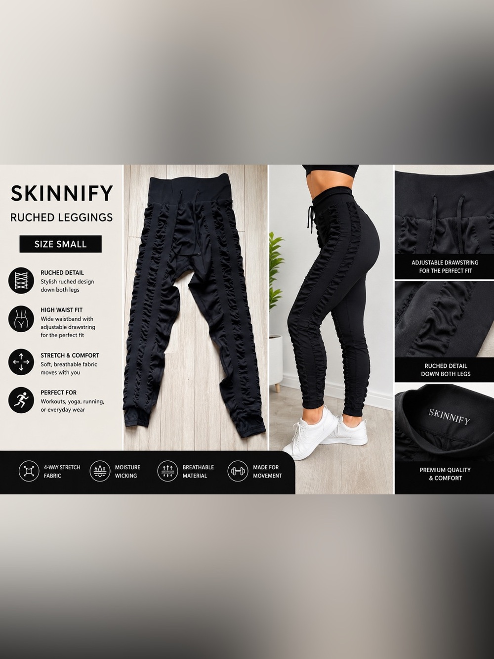 Skinnify Black Ruched Leggings Women’s Size Small High Waist Drawstring Scrunch